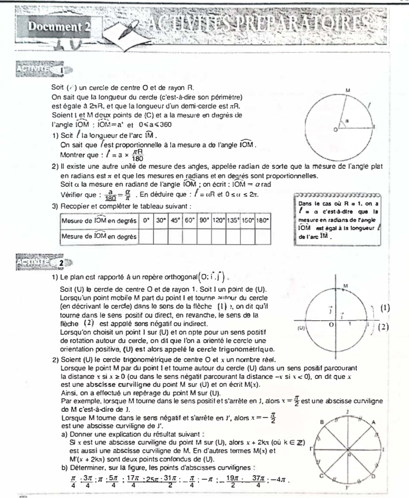 Document 2 — activités préparatoires sur le radian et le cercle trigonométrique.