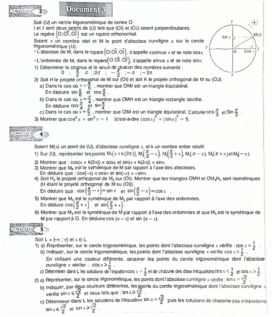 Document 3 — activités préparatoires sur le sinus, le cosinus et les relations trigonométriques.